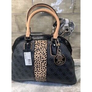 Guess Women's Cheatin' Heart Dome Satchel Black Leopard SL481207 Logo Charm READ